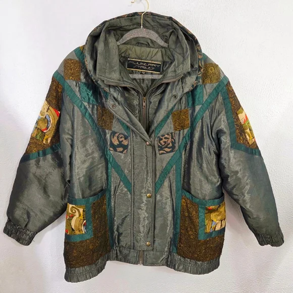 Vintage 80s patchwork puffer jacket dark green gold ski coat women's size medium - Picture 1 of 7